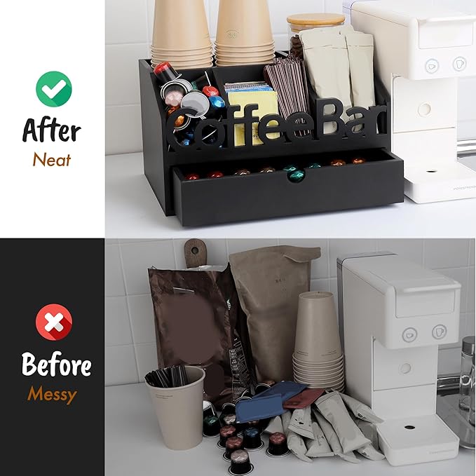 Coffee Bar Organizer for Countertop - Wooden Coffee Organizer Condiment Station, Coffee Station Organizer for Home & Office, K Cup Stand for Counter, Tea Box - Black Drawer Type