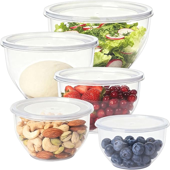 Greentainer Plastic Mixing Bowls with Lids Set for Kitchen, 5 Set Nesting Bowls for Mixing, Baking, Prepping, Cooking and Serving Food, Mixing Bowls Dishwasher, Microwave Safe