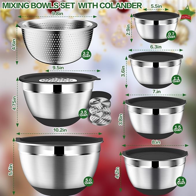 DUTZUN Mixing Bowls with Lids Set - 16pcs Stainless Steel Mixing Bowl Set with Colander, 3 Grater Attachments, Non-Slip Bottom, Metal Nesting Bowls with Strainer for Mixing & Serving - Black