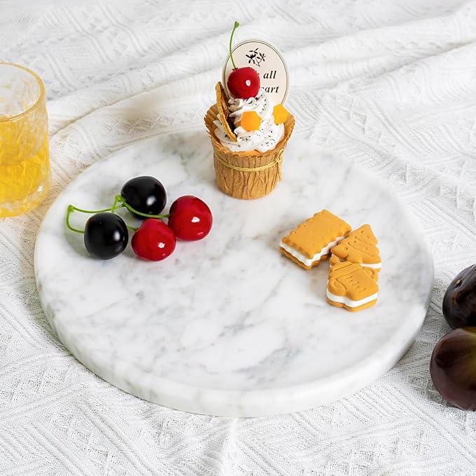 Natural Marble Decorative Tray for Bathroom Bedroom Kitchen Dresser, 11” Round Vanity Trays for Jewelry, Perfume, Cosmetic, Candle, Countertop Storage Organizer for Home Decor White, Arabescato