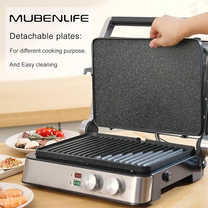 Panini Press,4 Slices Contact Grill with Removable Non-Stick Coated Grill and Flat Plates,Panini Makers with Temperature Control and Timer,Open 180 Degrees,Grill and Griddle (Silver wtih Full SUS)