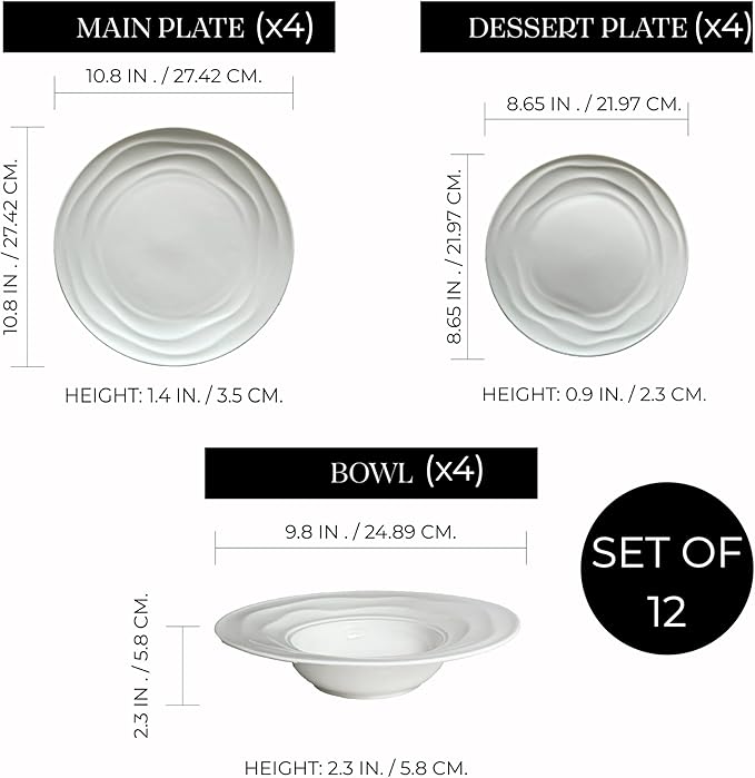Pots & Patterns White Dinner Plates. Porcelain Dinnerware Set for 4-12-Piece Chip Resistant Plates and Bowls Sets