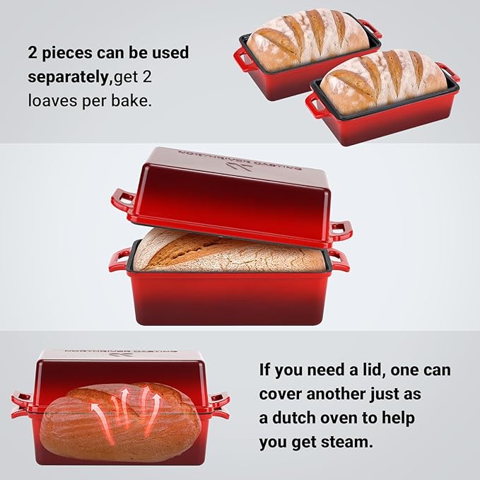 Northriver Casting 9x5 Inch Enameled Cast Iron Bread Loaf Pan with Lid, Perfect Sourdough Baking Pans | Even Heat Distribution for Homemade Bread, Cake, Meatloaf，2 Piece set，Red