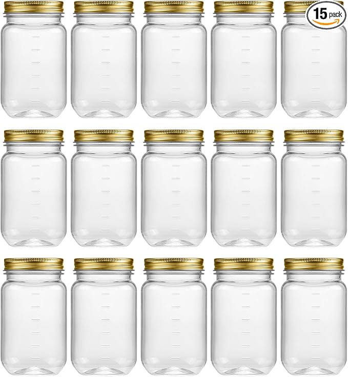 novelinks 16 oz Clear Plastic Jars with Lids, Refillable 16oz Mason Jars with Lids & Storage Containers for Kitchen & Household Use (15 Pack,Gold)