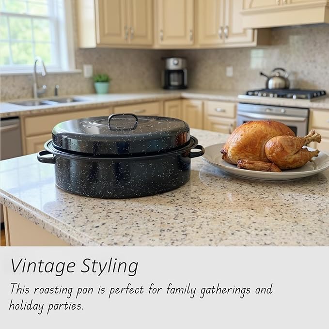 Large Roasting Pan with Lid and Rack 19"Granite Turkey Roaster Pan Set Enameled Steel Design Suitable for Turkey Versatile Cooking Barbecuing,Dishwasher Safe Cookware Holiday Gifts 1