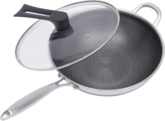 12in Woks & Stir Fry Pans Wok Pan with Lid, No Chemical Coated Chinese Woks for Electric, Induction,Gas Stoves