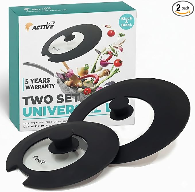 2-Pack Universal Silicone Lids for Pots and Pans - Replacement Pan Covers Fit 7-12 Inch Frying Pans and Pots, Black & Black