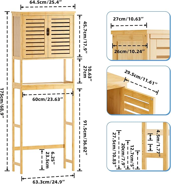 SMIBUY Bathroom Over The Toilet Storage Cabinet, 2 Door Bamboo Cabinet Organizer, Freestanding Space Saver Toilet Rack with Adjustable Inside Shelf and Open Shelf (Natural)