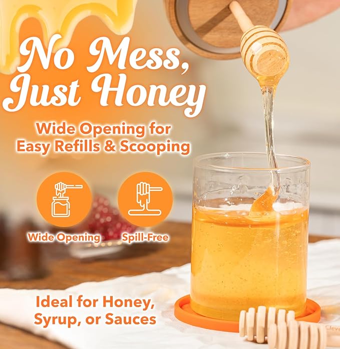 CLEVLI 12 oz Honey Jar Set with Silicone Mat, 2 Extra Dippers, Airtight Wooden Lid, & Custom Gift Box | Glass Container Honey Pot for Honey & Syrup | Durable & Stylish Kitchenware