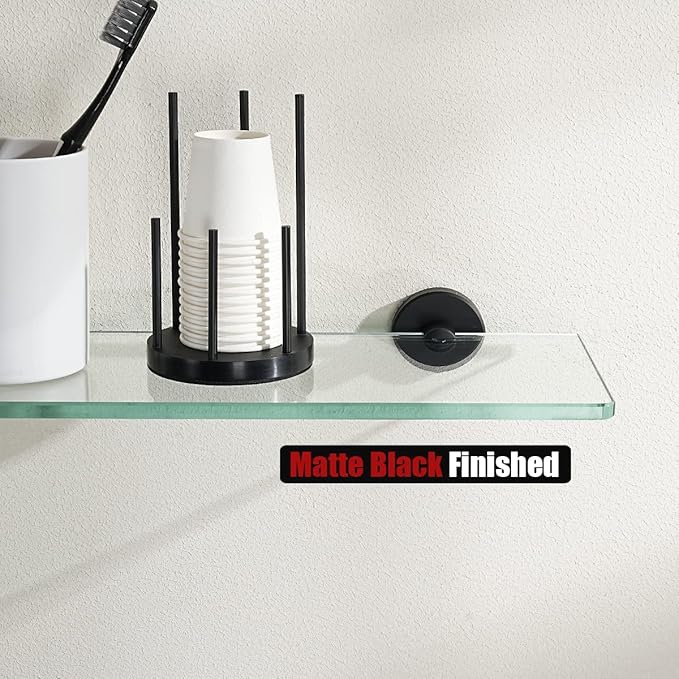 JQK Bathroom Glass Shelf Black, Tempered Glass Shower Storage 24 by 5 inches, 304 Stainless Steel Matte Black Wall Mount, TGS101L24-PB