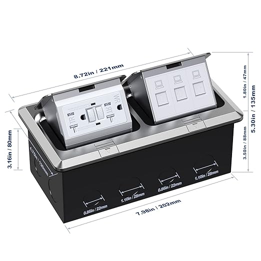 KYHSHJ Dual Pop-Up Floor Electrical Outlet Box Kit，20 Amp Stainless Steel GFCI TR Receptacle Outlet，3-Port RJ45 Datacom Receptacle，Silver