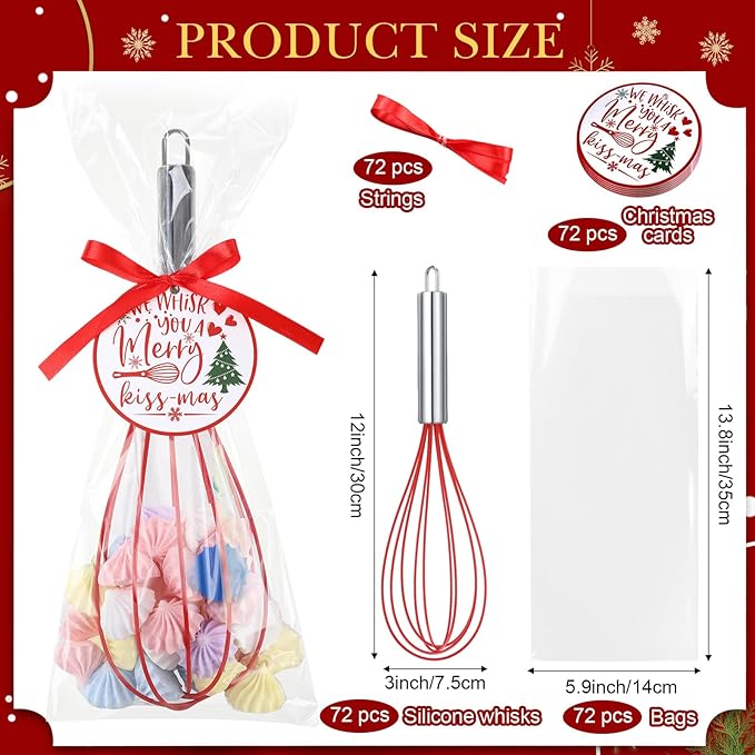 72 Sets 12 Inch Christmas Whisks Gifts DIY Fillable Christmas Tree Ornaments Xmas Colored Silicone Whisks for Cooking Heat Resistant Egg Beaters with Card Rope Bag for Candy Holder