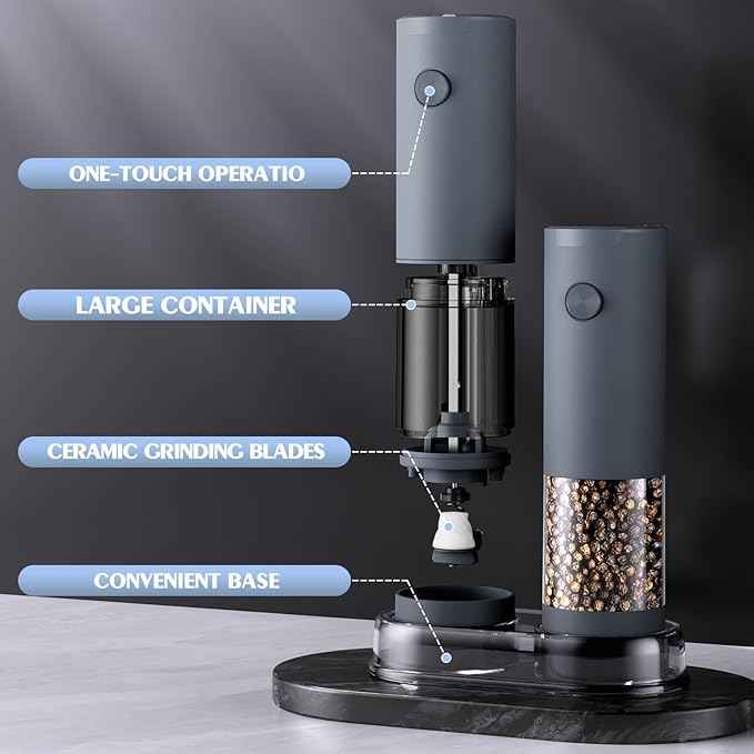Salt and Pepper Shakers Electric Salt Pepper Grinder Set Kitchen Accessories Upgraded Larger Grey Battery Salt Pepper Grinder Shakers Cooking Birthday Gifts for Men