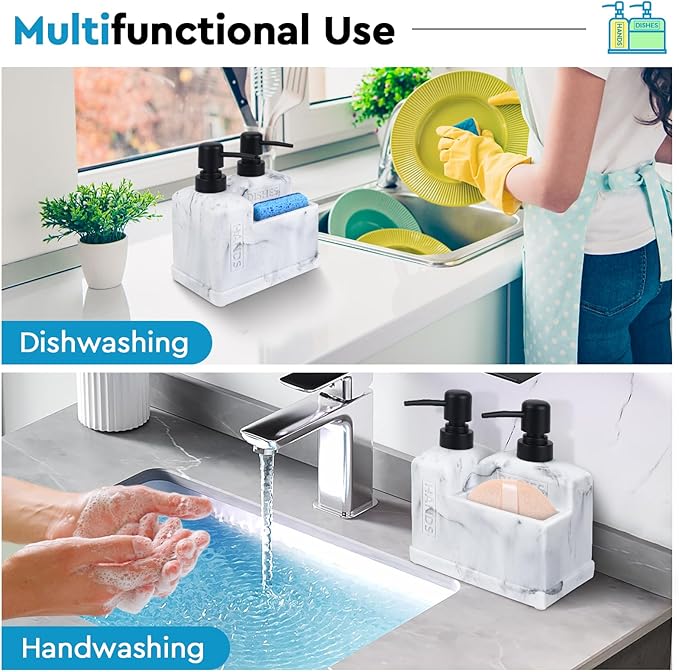 Kitchen Hand Soap and Dish Soap Dispenser Set,Dual Soap Dispenser with Sponge Holder 3-in-1 Organizer for Kitchen Sink,Bathroom,Useful Kitchen Gadgets - White Marble Look