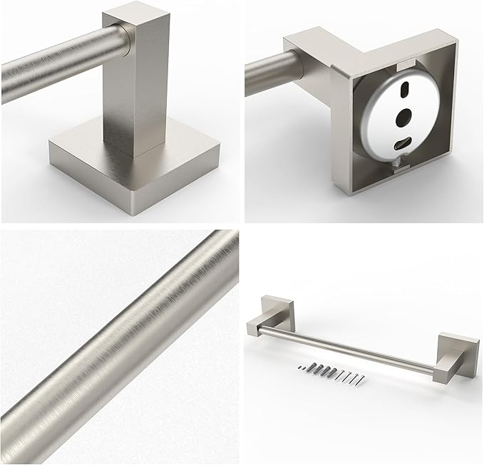 Ruacq Hand Towel Holder 10inch, Stainless Steel Towel Ring, Square Base Towel Bar for Bathroom, Brushed Nickel Single Towel Bars, Towel Holder Wall Mounted, Total Length 12inch