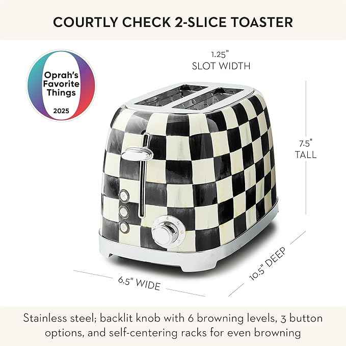 MACKENZIE-CHILDS 2-Slice Toaster, Decorative Toaster for Kitchen, Black-and-White Courtly Check