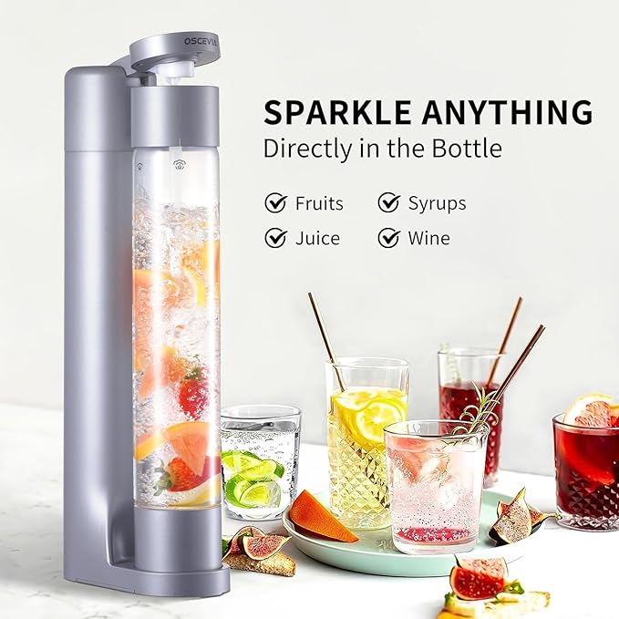 Sparkling Water Machine Soda Maker Beverage Drink Dispenser for Home, Soda Streaming with 1L BPA Free Bottle, 2 Portable Bottle for travel, Seltzer & Carbonator Srew-in 60L CO2 (NOT Included), Grey