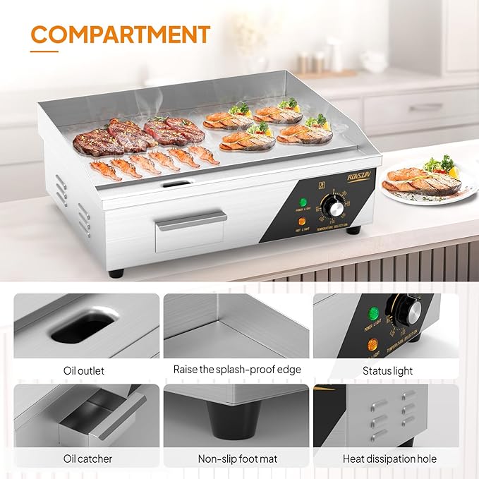 Bonnlo 22 Inch 1600W Commercial Griddle with Stainless Steel Countertop, Flat Griddle, 122-572℉ Adjustable Temp Control of Electric Flat Top Grill for Cheese 、Steak and Egg Indoor and Restaurant
