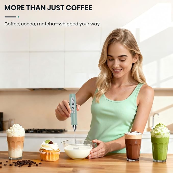 Colarlemo Milk Frother Handheld Rechargeable, Frother Wand Drink Mixer Electric Whisk for Coffee, Detachable With 3 Stainless Whisks, Hand Mixer for Lattes, Cappuccino, Matcha, No Stand, Sage Green