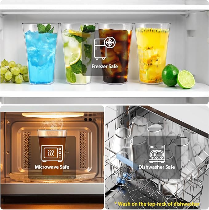 Freshmage 20oz Unbreakable Drinking Glasses (Set of 8), All-Clear Reusable Drinking Cups, BPA-Free, Shatter-Proof, Microwave Safe, Stackable Plastic Tumblers for Home, Outdoor, Camping, Pool