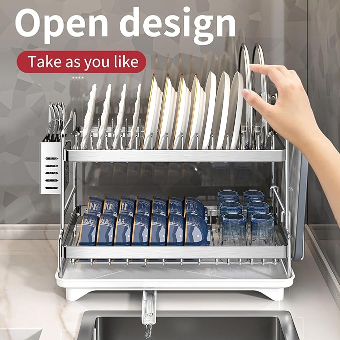 Dish Drying Rack, Double Layered countertop Kitchen Organizer with Drainage Large Bowl Rack and Storage Rack with Drainage Board, Suitable for Kitchen Bars (Silver)