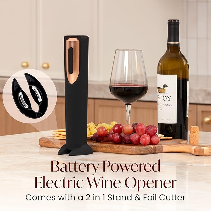 Rechargeable Electric Wine Opener + Battery Powered Electric Wine Opener Gift Bundle Set (Black & Rose Gold)