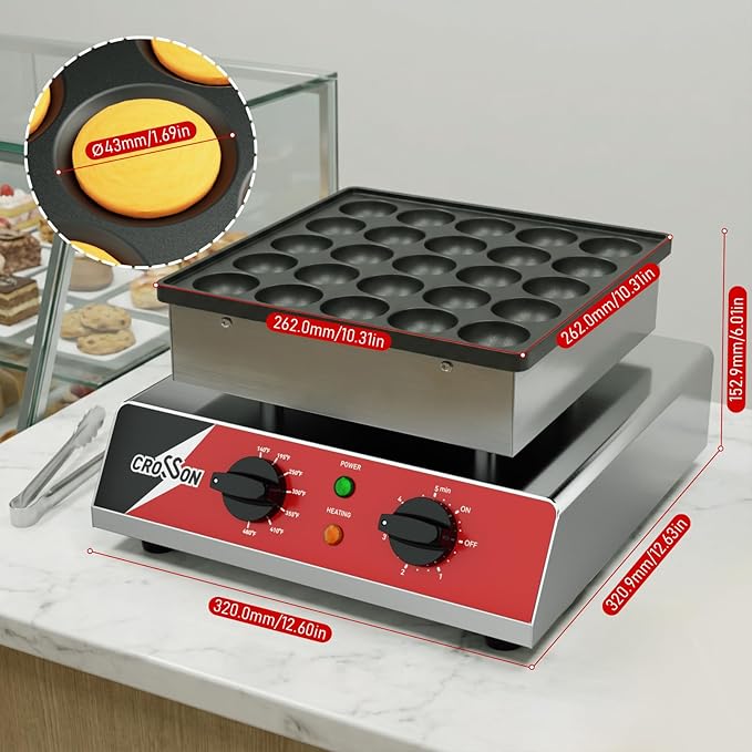CROSSON Mini Pancake Maker, 25PCS 43mm Diameter Dutch Muffin Waffle Baker, Non-stick Stainless Steel Poffertjes Grill, Commercial Electric Dorayaki Machine W/Temp & Time Control 120V/850W