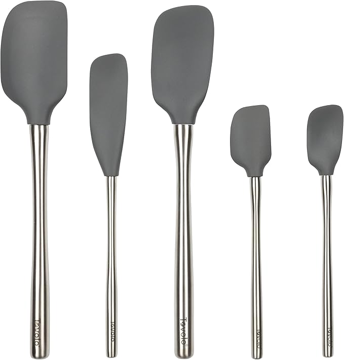 Tovolo Stainless Steel Handled Silicone Spatula Set of 5 Charcoal Gray, Dishwasher Safe Kitchen Spatula Set for Cooking Baking, Non Toxic BPA Free Silicone Spatula set with Metal Steel Handle