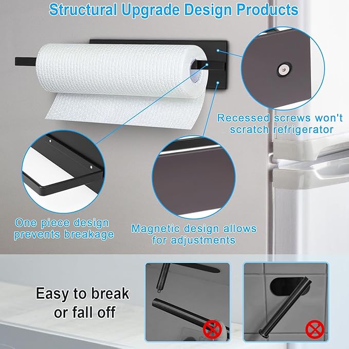 Paper Towel Holder Black, Toilet Paper Roll Holder Magnetic Towel Rack Wall Mount Fridge Organizer Shelf for Towels Rolls Bar Bathroom Toilet Pantry RV Essentials Kitchen Organizers and Storage 2 Pack