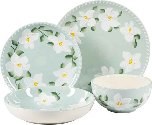 Bloomhouse Magnolia Bloom 16 Piece Double Bowl Hand Painted Stoneware Plates and Bowls Floral Dinnerware Set