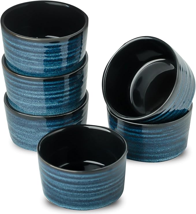 Glowworm Ceramic 4 Oz Ramekins, Dipping Sauce Bowls Set of 6, Creme Brulee Dish for Baking Pudding, Souffle, Serving Dip, Custard, Ice Cream, Oven Safe, Blue