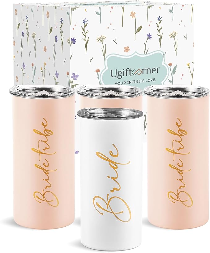 Bride Tribe Gifts Set of 4 Cups Bachelorette Party Favors Wedding Gifts for Bridesmaid Bride Stainless Steel Skinny Tumbler with Lid and Straw 15 OZ Pink
