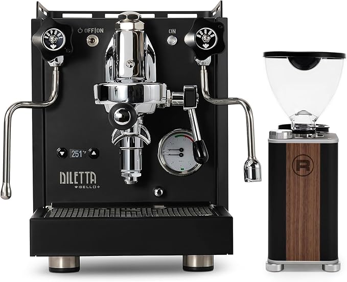 Diletta Bello+ Espresso Machine (Black) Bundle w/Rocket Espresso Giannino Espresso Grinder (Black/Wood)