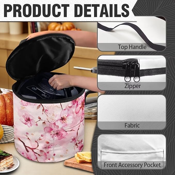 Cherry Blossom Electric Pressure Cooker for Picnic Pink Butterfly Insulation Bag Hand Washable Pressure Cooker Storage Bag Protective Hood with Pocket, Fork Pickled Cucumber