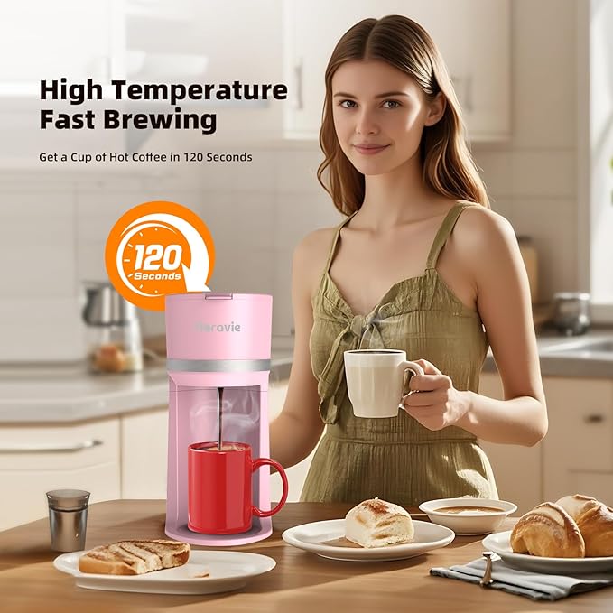 Horavie Mini Single Serve Coffee Maker for K Cup and Ground Coffee, Fast Brew One Cup Coffee Machine with Descaling Reminder and Water Window, 6 to 12 oz. Brew Sizes, Pink