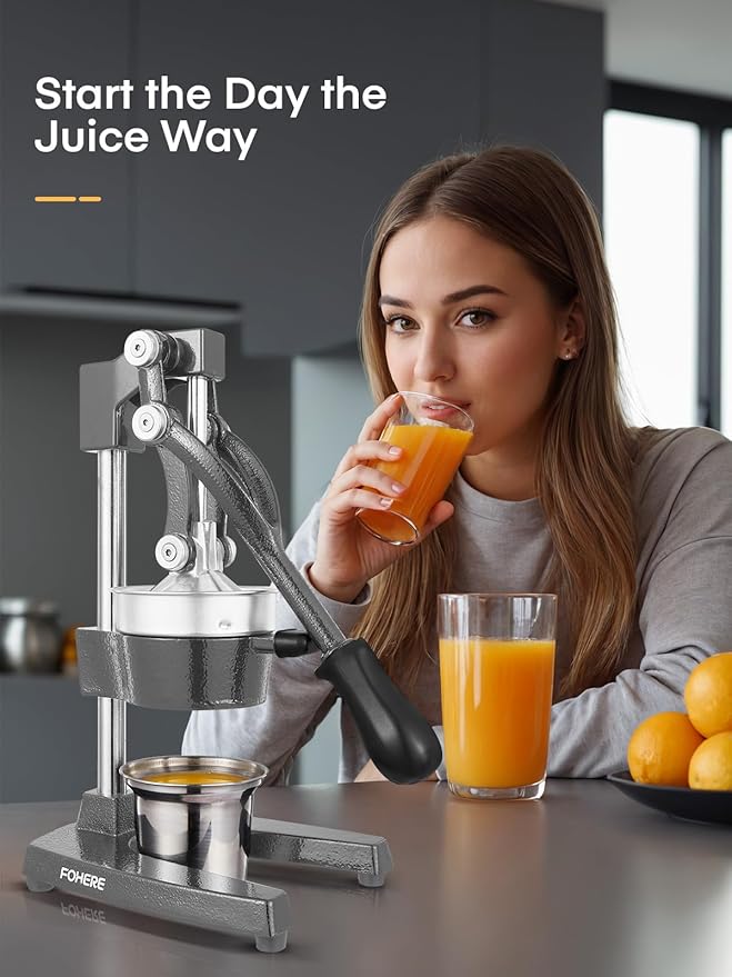 FOHERE Orange Juicer Squeezer, Cast Iron Lemon Squeezer, Commercial Citrus Juicer Hand Press for Orange, Lemon, Pomegranate, Easy to Clean Citrus Squeezer with a Stainless Steel Cup, Grey