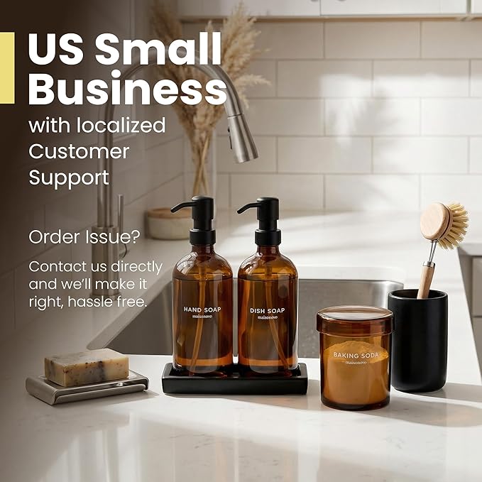 Maisonovo Kitchen Soap Dispenser Set - Hand and Dish Soap Dispenser Set with Amber Glass Soap Dispenser, Black Pumps & Ceramic Tray