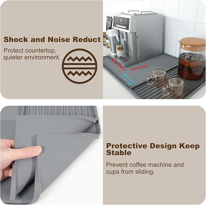 3-Pack Silicone Coffee Mat Set, 24" x 16" Coffee Bar Mat for Countertop with Separable Small Drying Mat and Espresso Tamping Mat, Fit Under Coffee Maker Espresso Machine, Gray