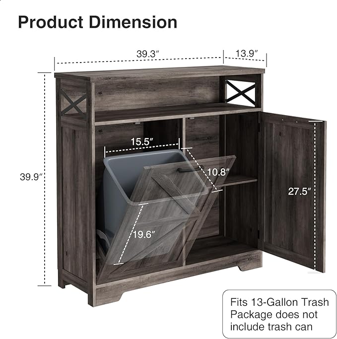 Befrases Tilt Out Trash Can Cabinet for 13 * 1 Gallon Trash Can, Farmhouse Kitchen Island Cabinet with Adjustable Shelf for Hidden Laundry Basket, Dog Proof Garbage Can for Dining Living Room, Grey