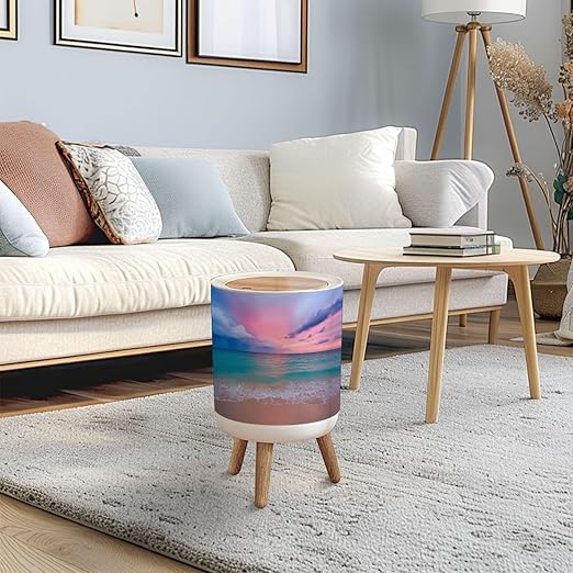 Trash Can with Lid Pink Sunset Press Top Round Small Garbage Bin with Wooden Legs Waste Basket for Kitchen Bedroom Nursery 7L/1.8 Gallon