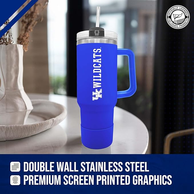 Campus Colors College & University 40 oz Travel Tumbler With Handle - Dual Option Lid With Straw - Vacuum Insulated Stainless Steel (Kentucky Wildcats - Royal)
