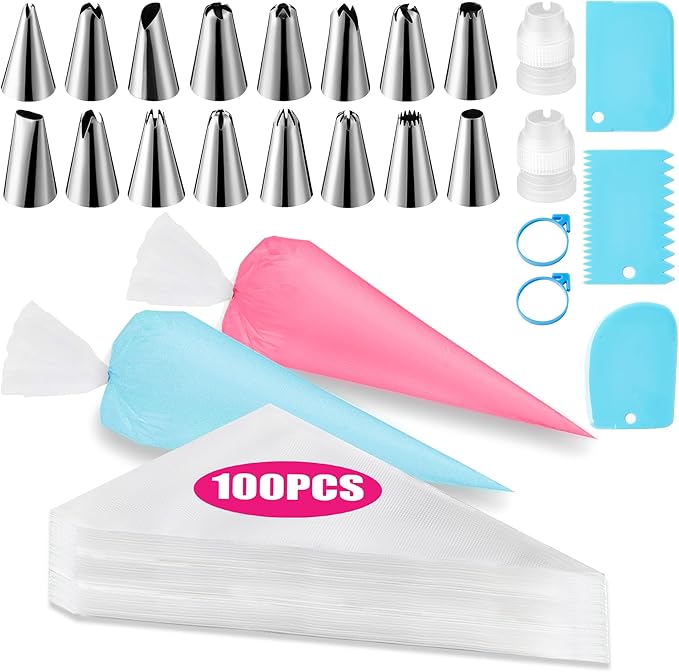 Piping Bags and Tips Set, Cakes Decorating Supplies Kit with 100pcs 18 Inch Pastry Bags, 16 Piping Tips, 3 Cake Scraper, 2 Couplers, 2 Bag Ties, Simple and Convenient Baking Supplies Set