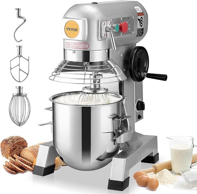 VEVOR Commercial Food Mixer, 20Qt Commercial Mixer with Timing Function, 750W Stainless Steel Bowl Heavy Duty Electric Food Mixer Commercial with 3 Speeds Adjustable 108/199/382 RPM, Dough Hook Whisk