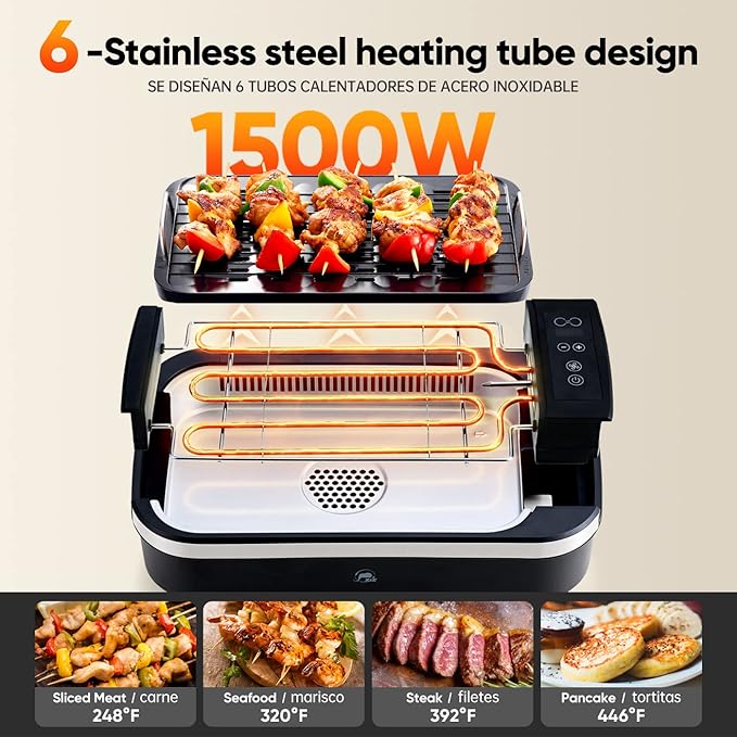 X&E Smokeless Indoor Grill, 1500W Non-Stick Removable Grill Rack & Pan, Adjustable Temperature up to 450°F, Fast Heat Up, Dishwasher Safe, Ideal for Steaks, Burgers, Fish & Veggies, Serves 5 People