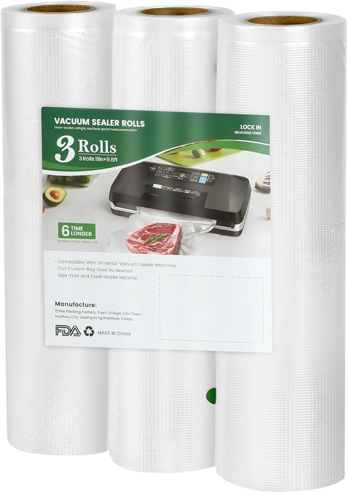 3Pack 11" x 10' Vacuum Sealer Bags Rolls,BPA Free,Heavy Duty,Leak-proof, Puncture Prevention,Freezer & Sous Vide Safe,Compatible with all vacuum sealer machines