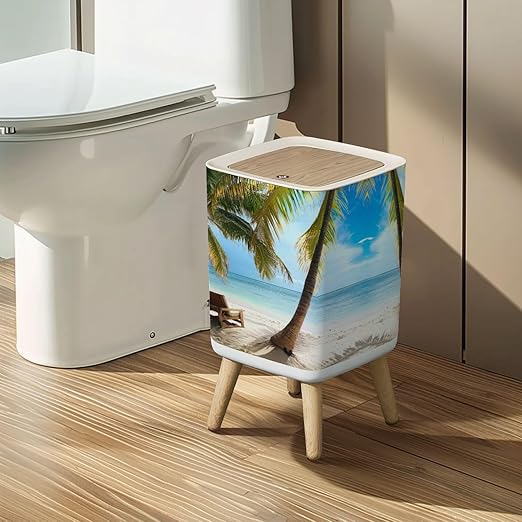 Small Trash Can with Lid Tropical Beach Caribbean sea Saona Island Dominican Republic Wastebasket with Press Cover Dog Proof Garbage Can Waste Bin for Kitchen Bathroom Nursery 2.6 Gallon