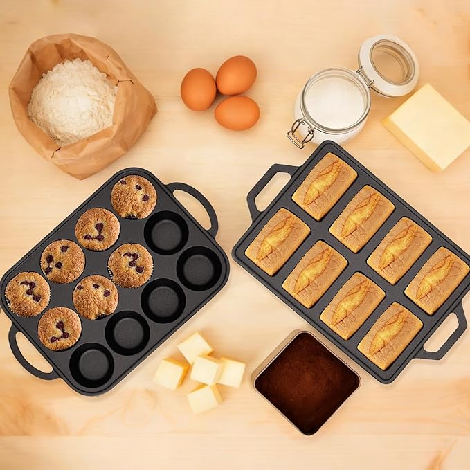 Flavehc Cast Iron Muffin Pans 12 Cup and Cast Iron Mini Loaf Pans 8 Cavity Regular Size Cupcake Pan Pre-Seasoned Loaf Pans Molds for Baking