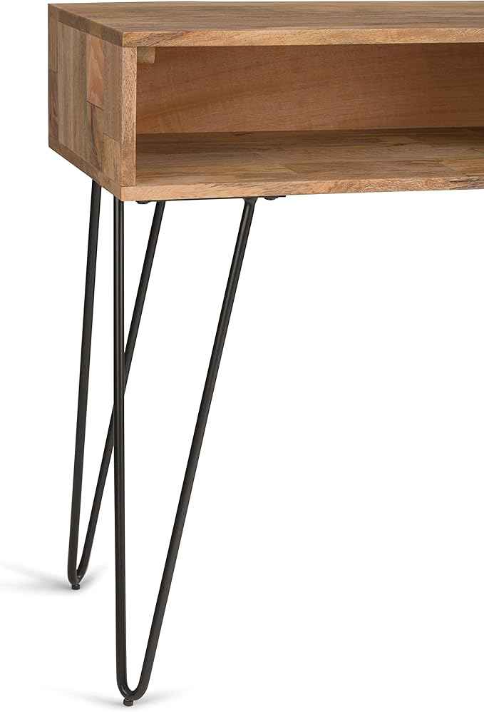 SIMPLIHOME Hunter Console Table - 55 Inch Wide Solid Mango Wood and Metal Sofa Table in Natural, Industrial Storage Table for Entryway or Living Room with 2 Open Cubbies and Black Hairpin Legs