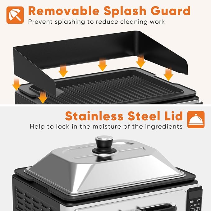 OLIXIS Electric Grill Indoor for Steak and Veggies, Smokeles Griddle with Lid for Kitchen Cooking, Countertop Oven Includes Temp Control/Grill Plate/Splash Guard/Crumb Tray, Black/Silver