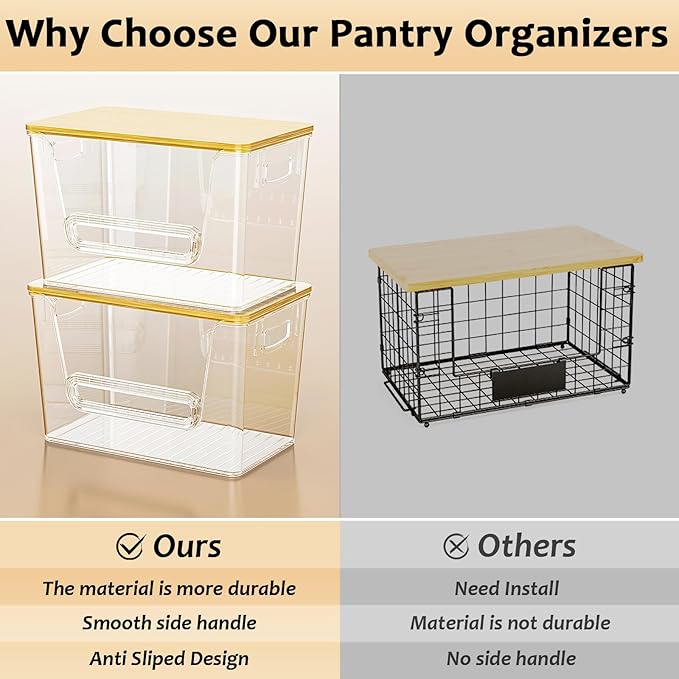 Delamu 4 Pack Pantry Organizers and Storage,Trash Bag Dispenser with Bamboo Top,Stackable Trash Bag Dispenser Under Sink Organizer for 4-30 GalBags,Onion,Potato,Fruits,Clear